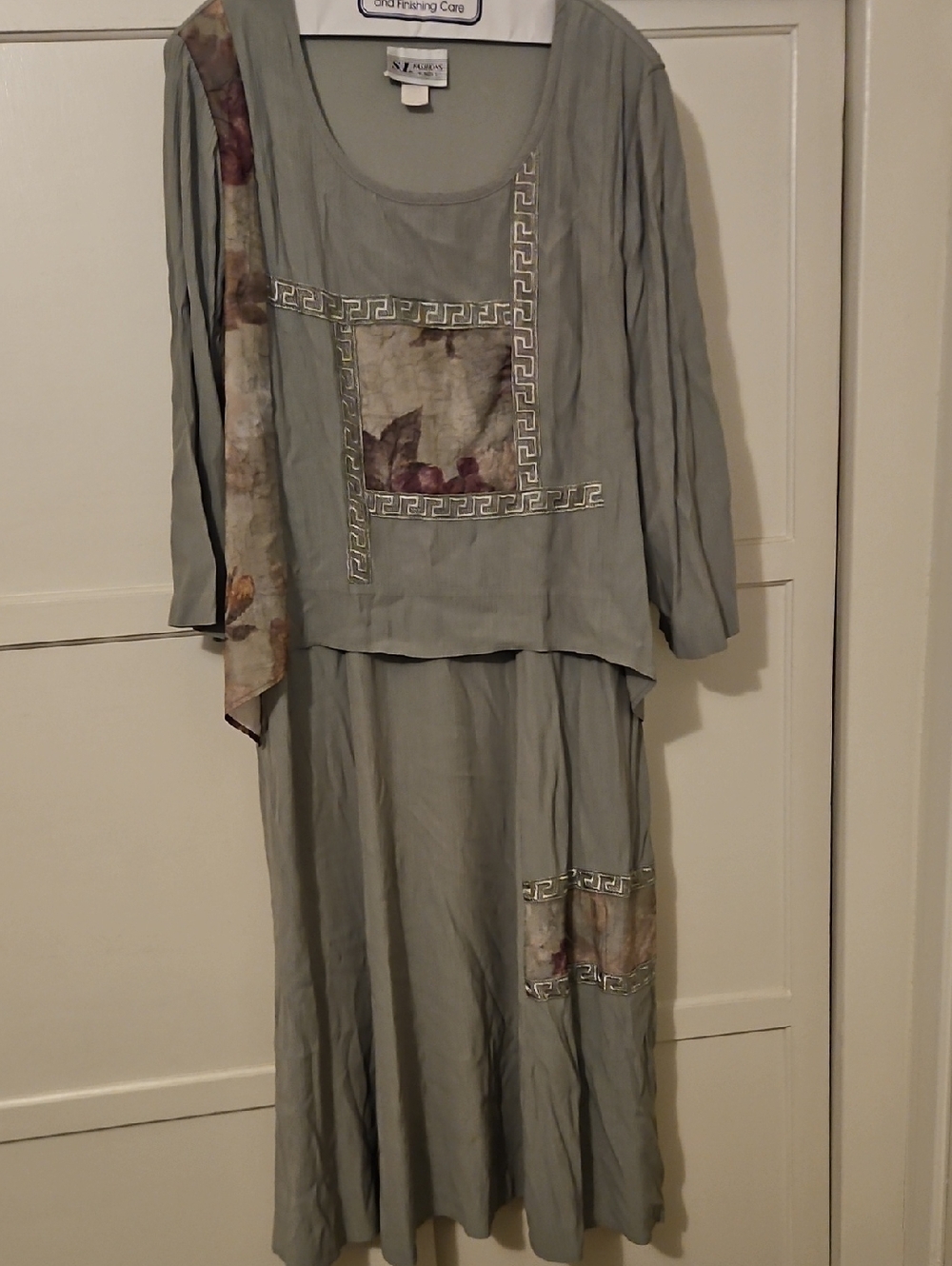 S.L. Fashions Sage Green Dress with Floral Accents